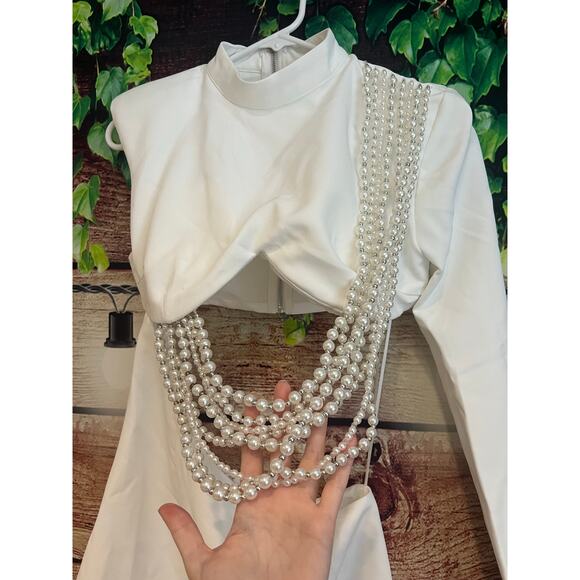Blithe Mini White Dress Sexy Cutout PEARL Embellish Bride Bridal Party Club S - Picture 3 of 8